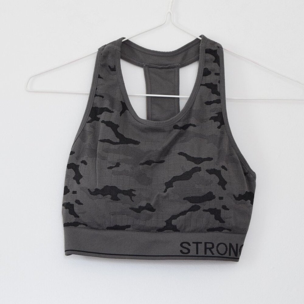 BELLA ACTIVE Grey Camo Strong Print Stretchy Racerback Sports Bra | Size S
